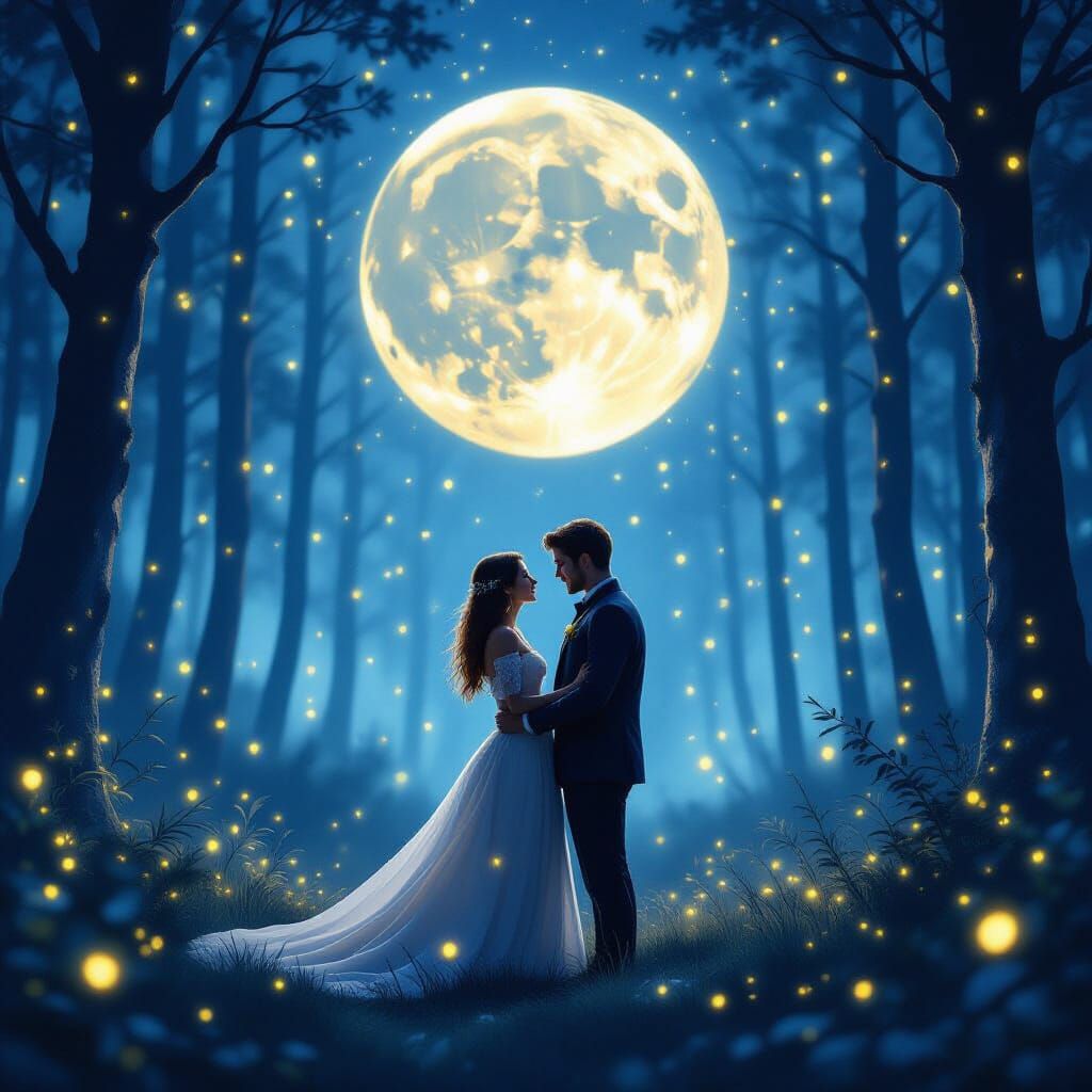 Enchanted Forest Love Scene Under Full Moon