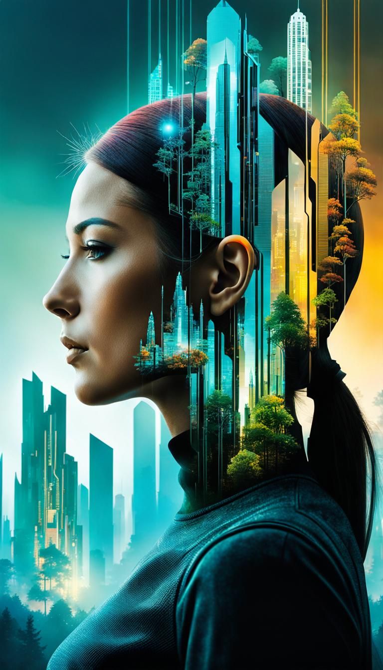 Cyberpunk Silhouette: Futuristic City in Double Exposure