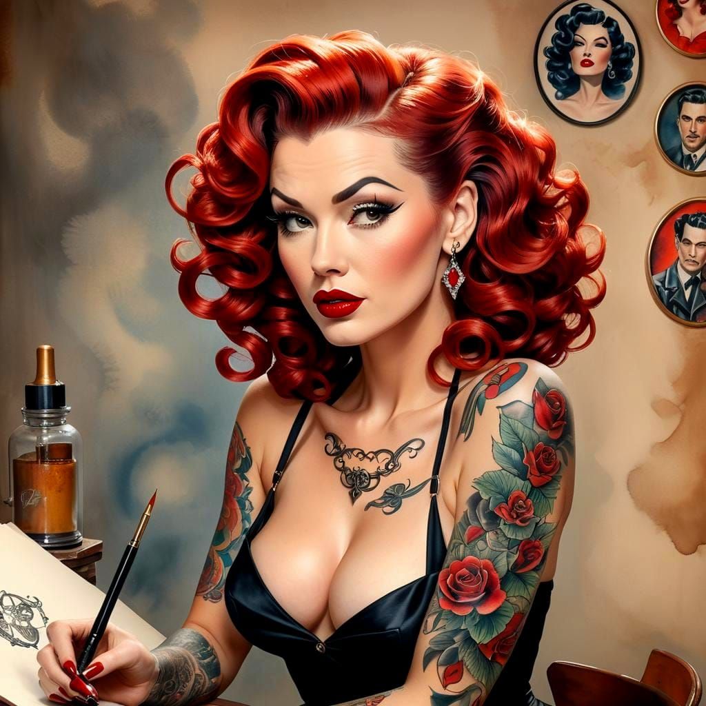 Charming Tattoo Artist in 1950s Pinup Watercolor