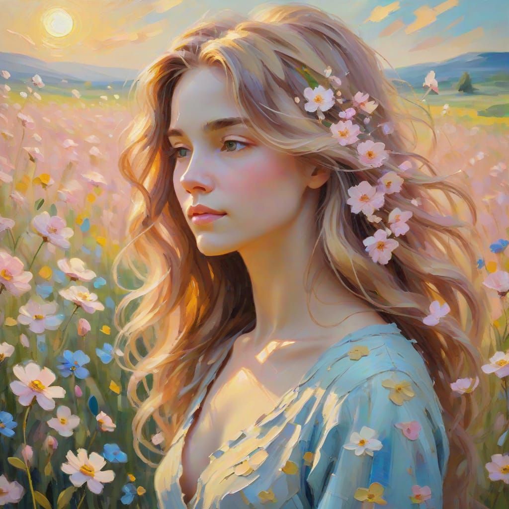 Woman in Flower Field: Impasto Oil Painting