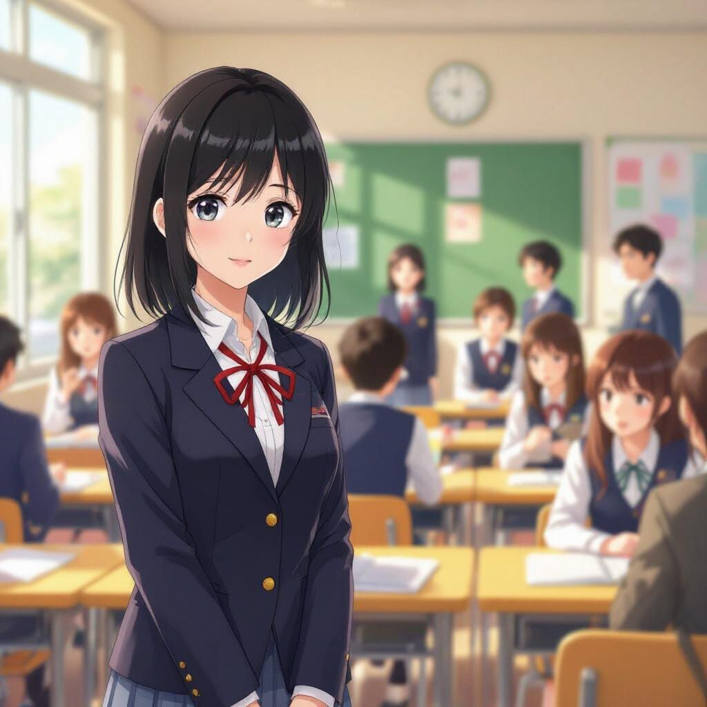 Anime Girl in Colorful Classroom, Youthful Nostalgia