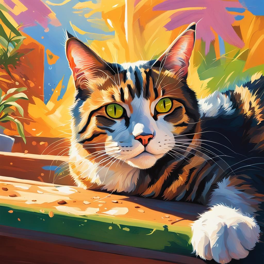 Hyperrealistic Cat Basking in Sunlight: Splash Art