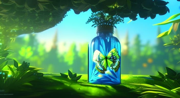Butterfly and Flower in Bottle: 3D Render