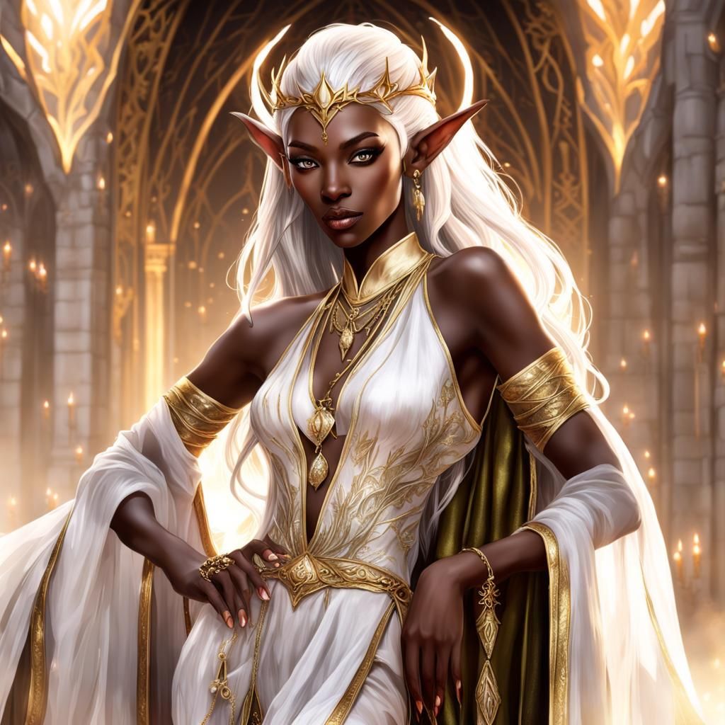 Elegant Elven Woman in Royal White and Gold