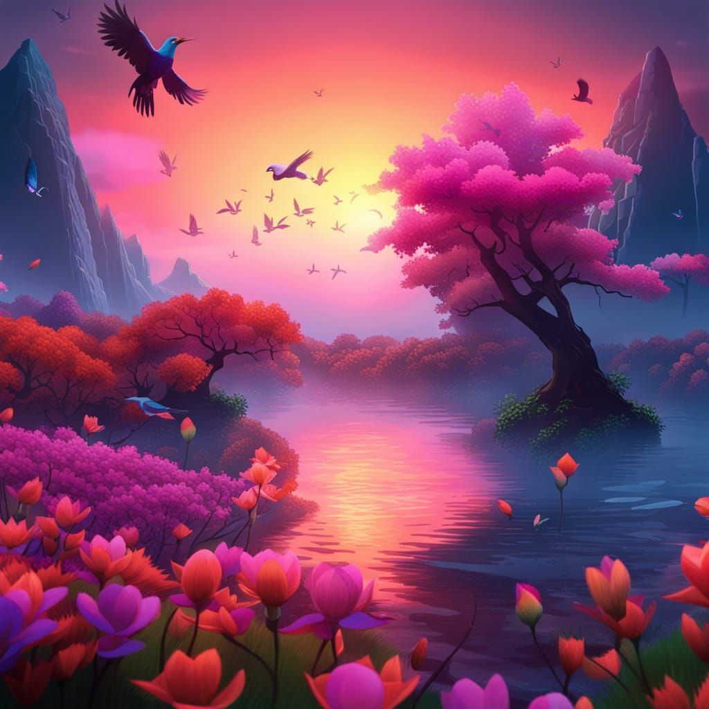 Fantastical Iridescent Landscape with Magical Birds