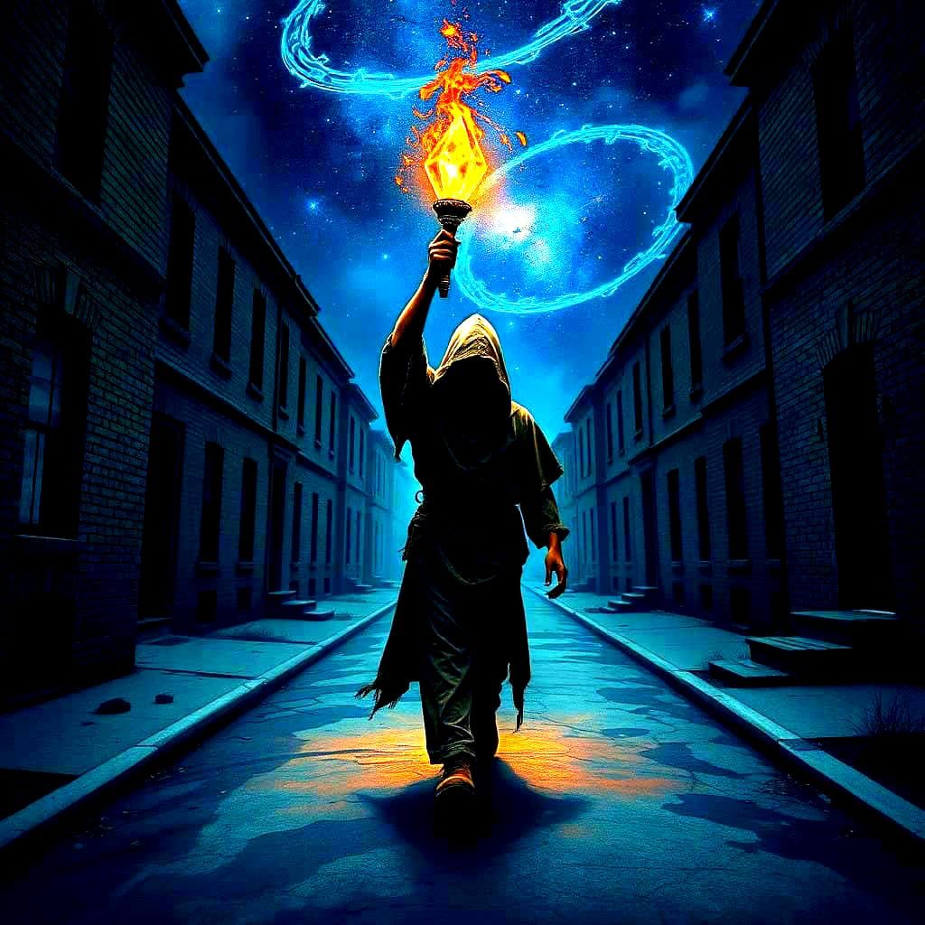 Dark Figure Walks Down Abandoned Street in Cosmic Glow