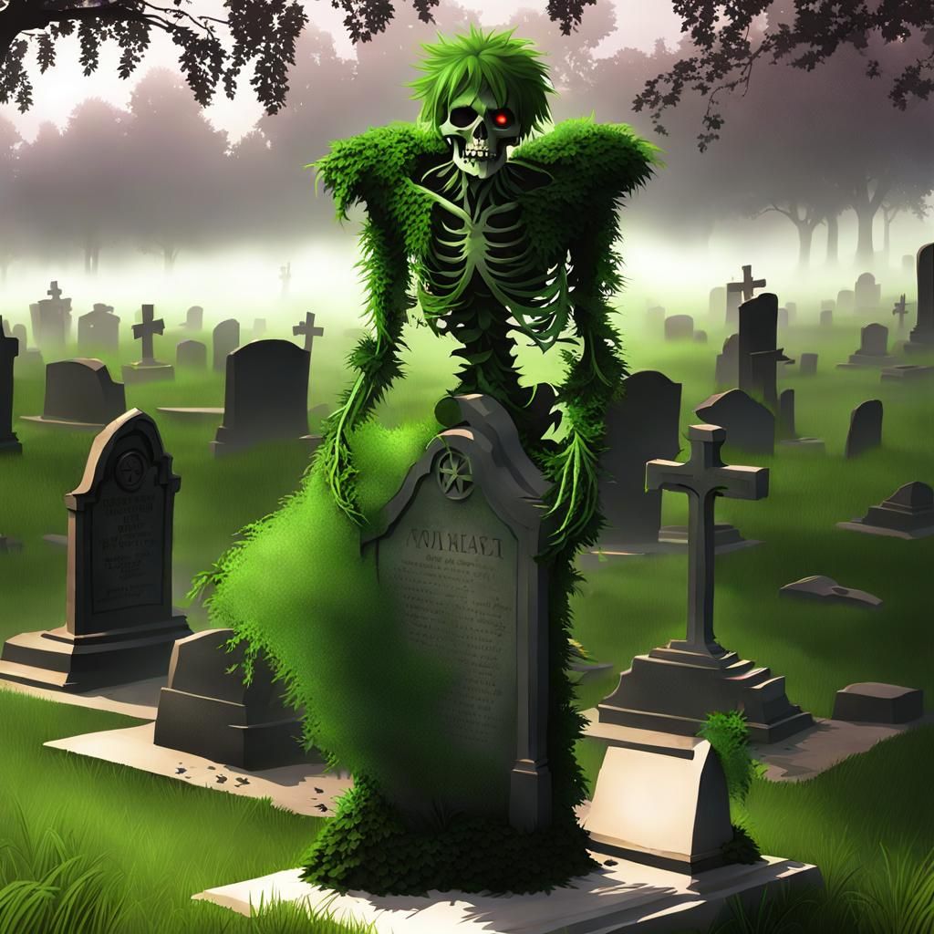 Cute Zombie with Leafy Hair in Graveyard