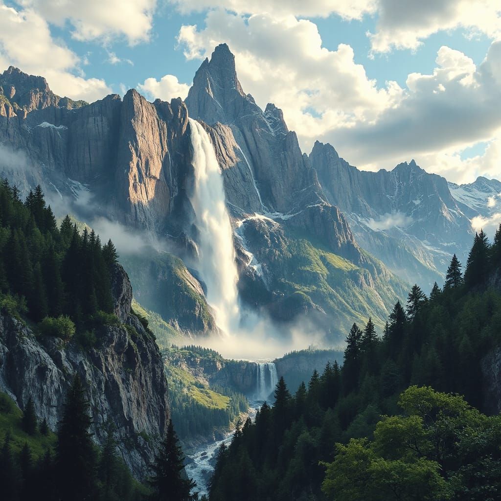 Majestic Waterfall Over Valley, Watercolor Splash Art