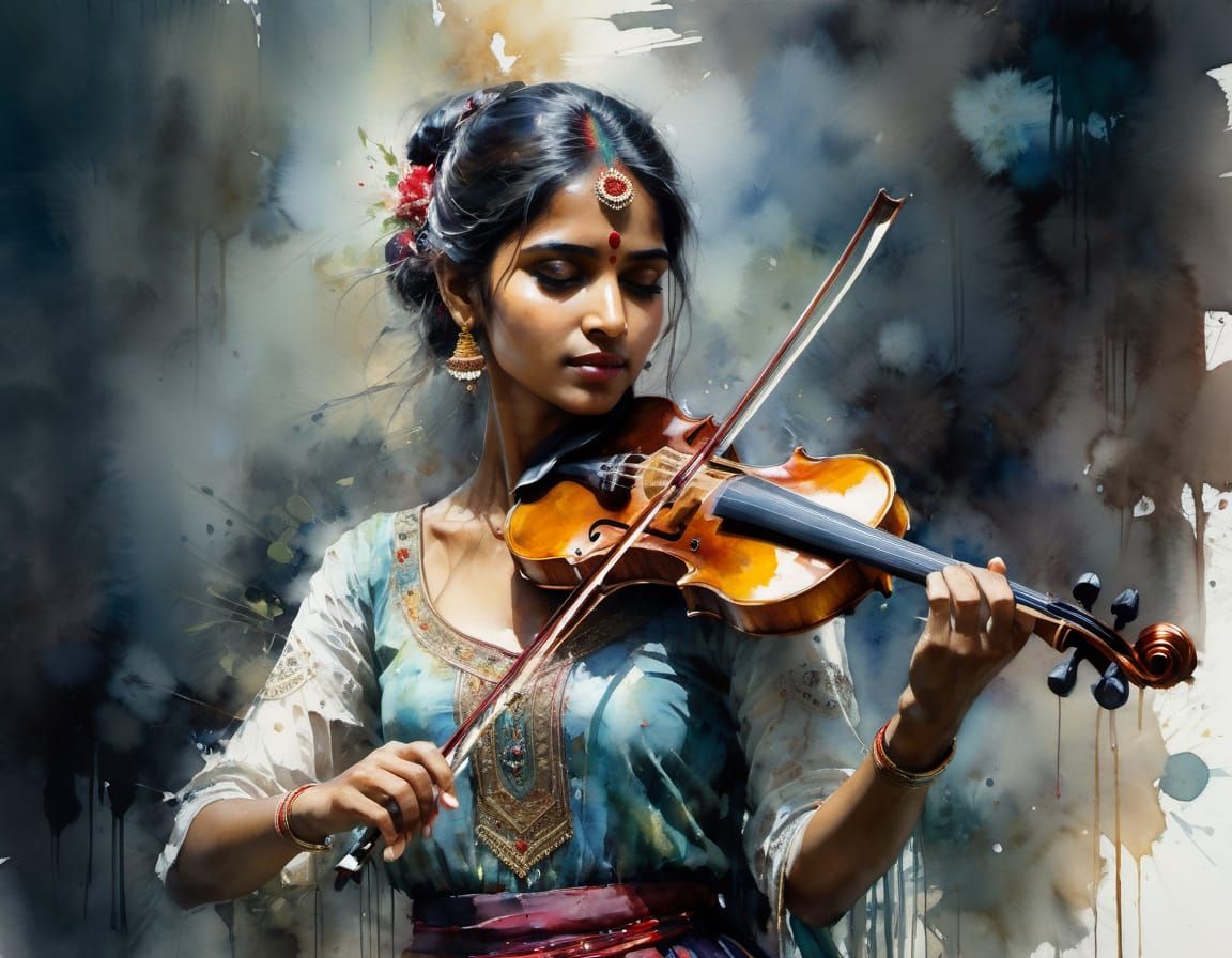 Vibrant Watercolor Portrait of Indian Violinist in Whimsical...