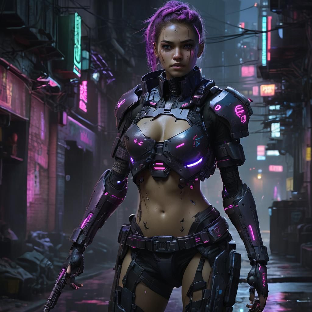 Cyberpunk Cyborg Bounty Hunter in Neon Alleyway