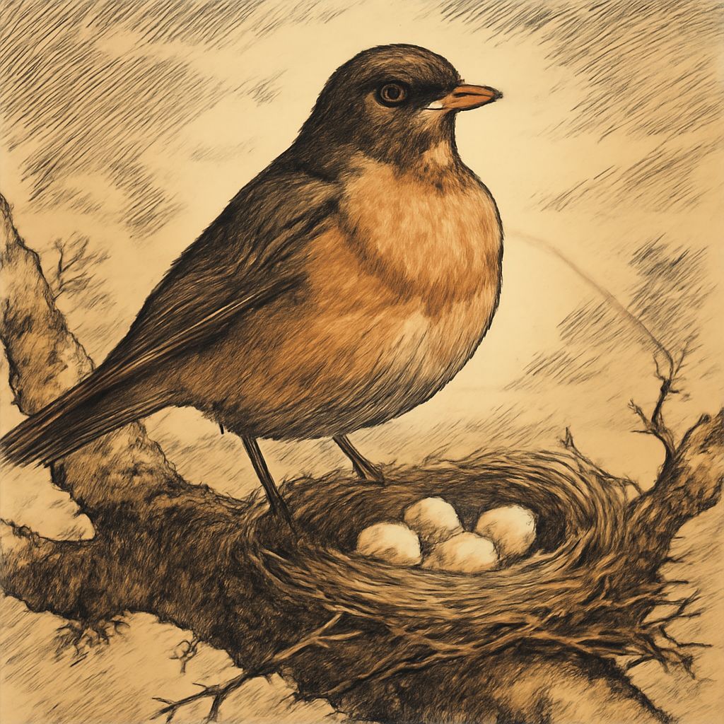 Robin Protecting Nest, Vintage Illustration