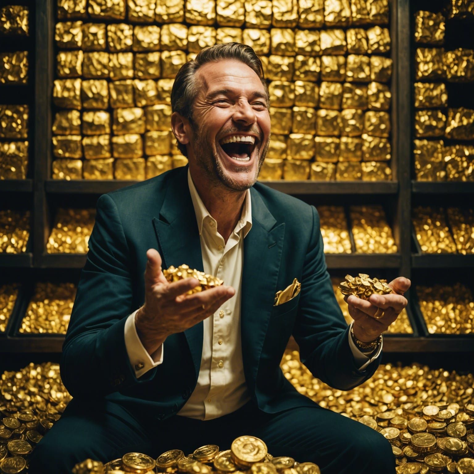 Wealthy Man Laughing with Gold: Cinematic Film Still