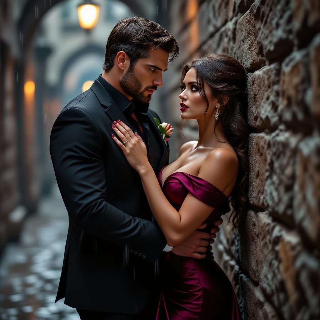 Intense Encounter in Gothic Corridor, Hyperrealistic Style