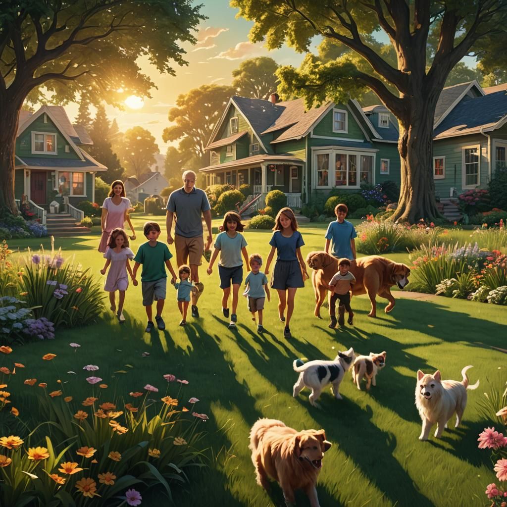 Family Cares for Pets in Dreamlike Fantasy Art