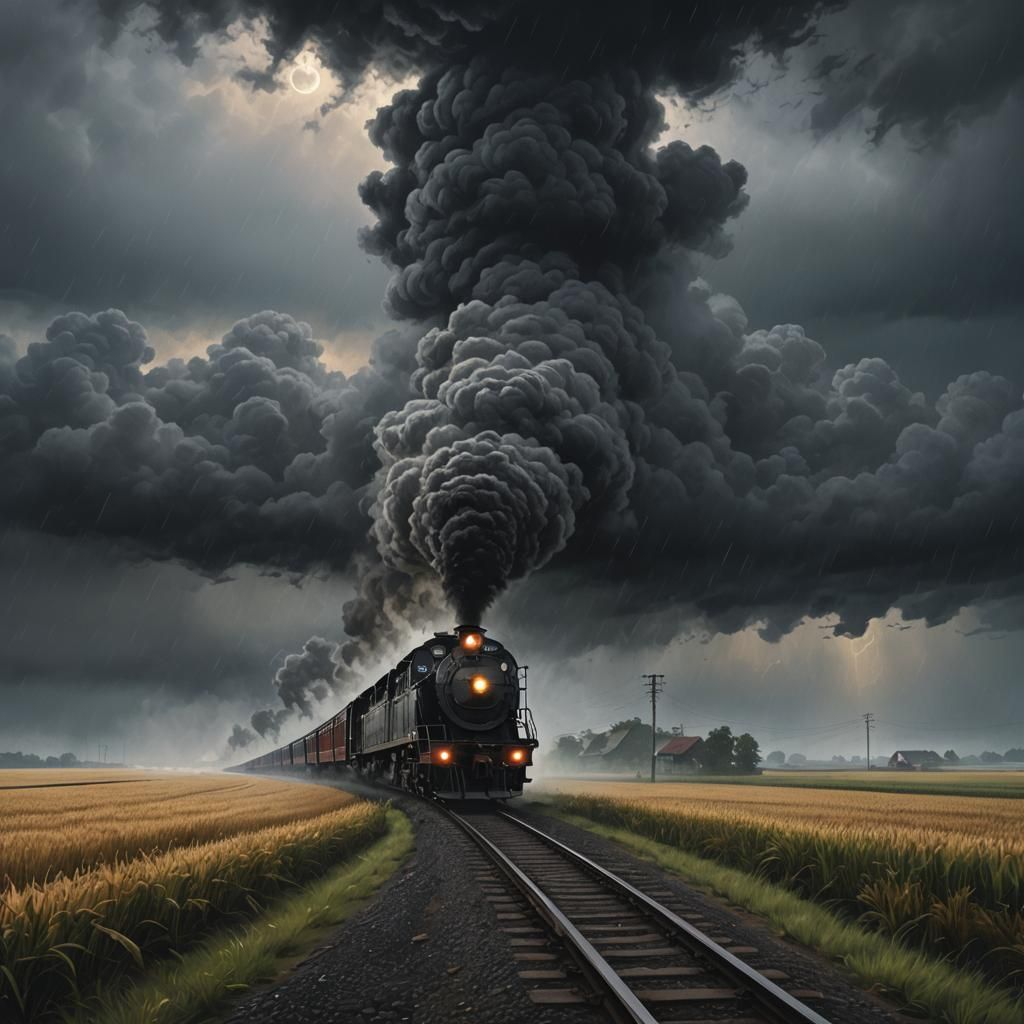 Gloomy Night Train Through Fields: Hyperrealistic Art