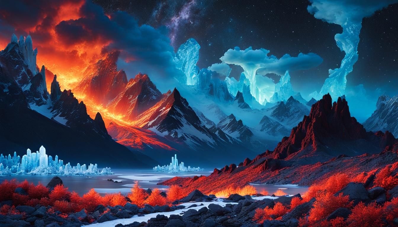 Cosmic Bioluminescence: Ice and Fire Fantasy Landscape