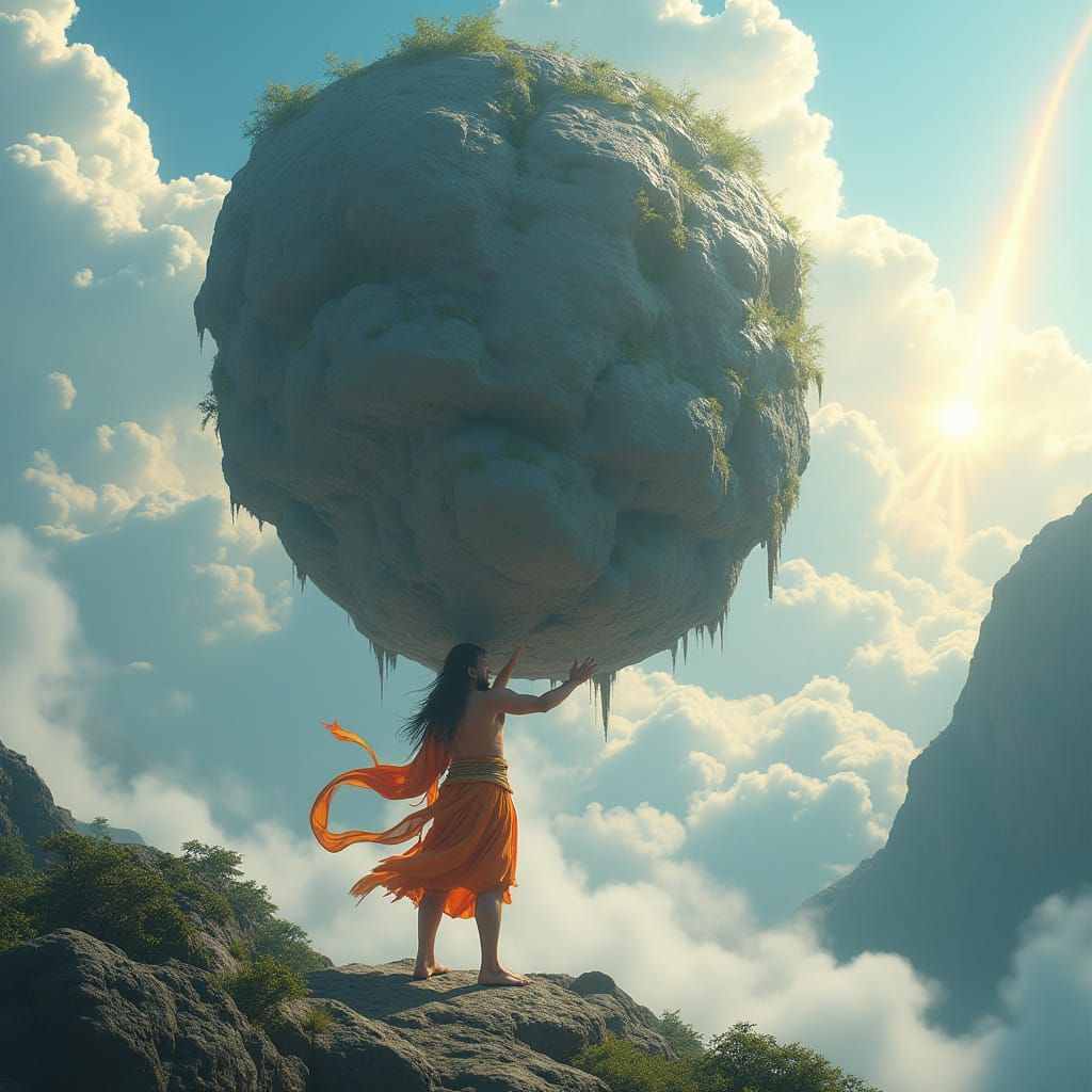 Hanuman Lifts Colossal Mountain in Cinematic Cartoon Style