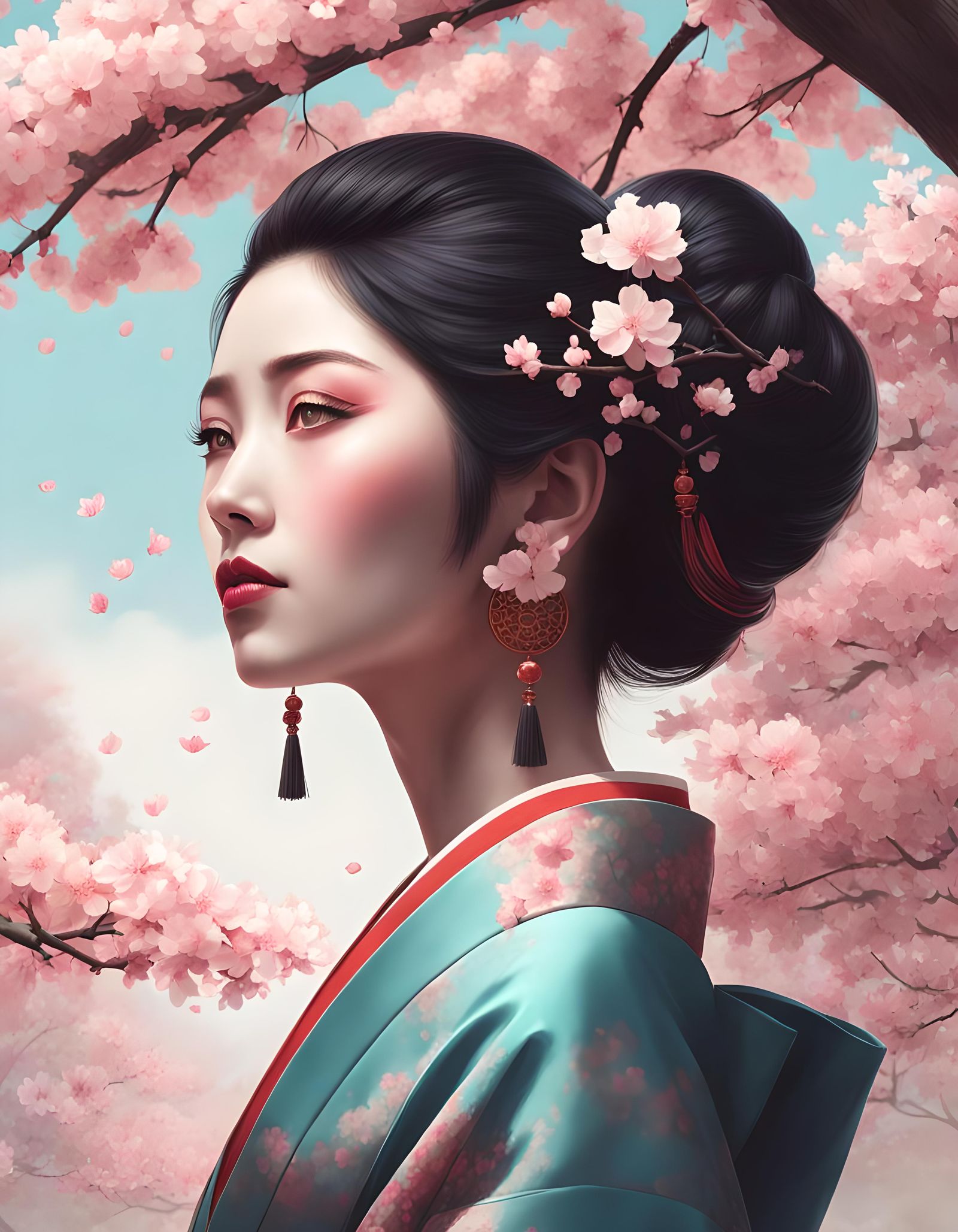 Geisha Portrait with Cherry Blossoms in Ink Wash Style