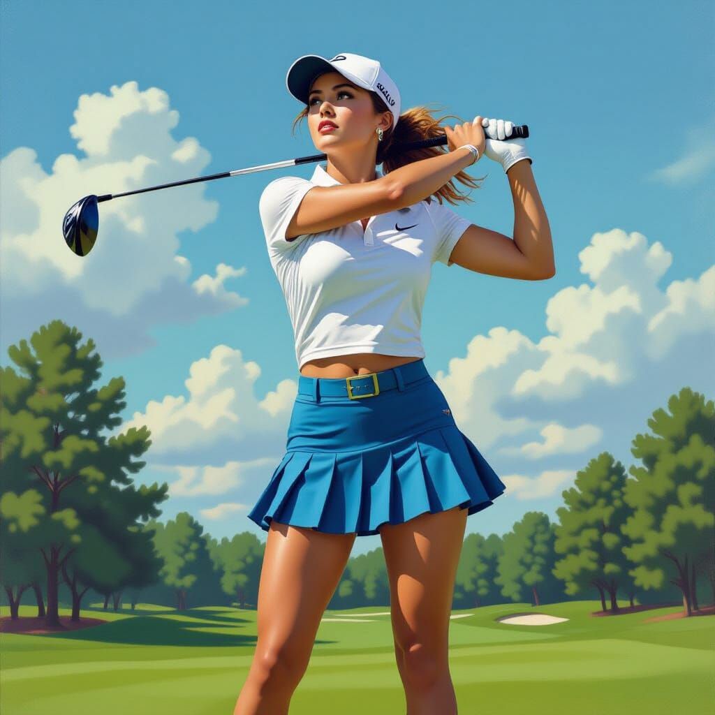 Female Golfer in Blue Skirt, Fantasy Oil Painting
