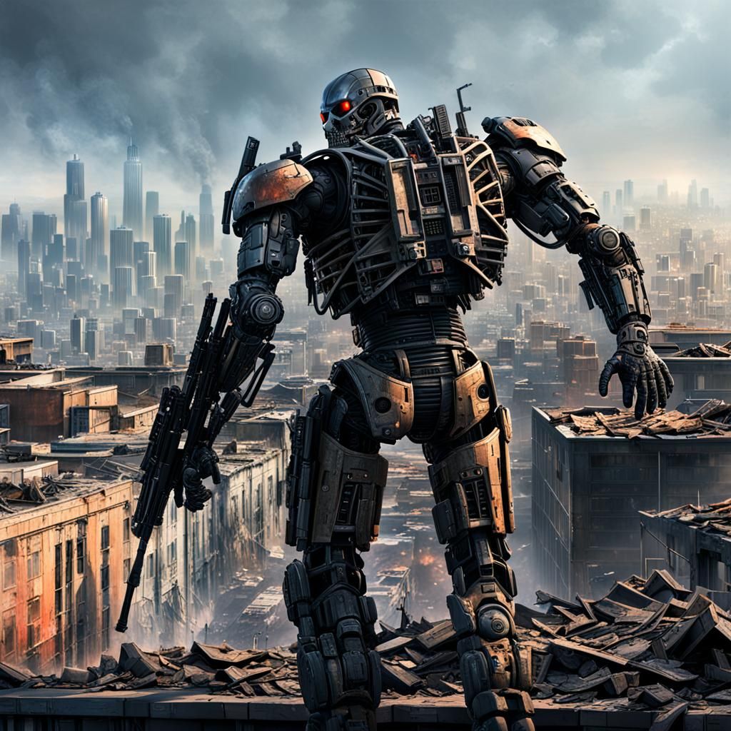 Apocalyptic Terminator T-600 Patrols Destroyed City