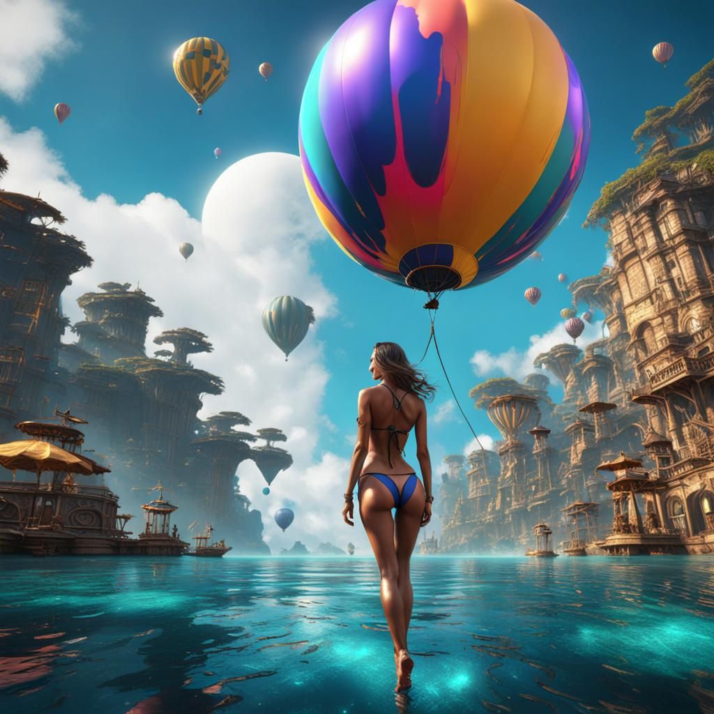 Bikini Girl Balloon: Detailed Matte Painting