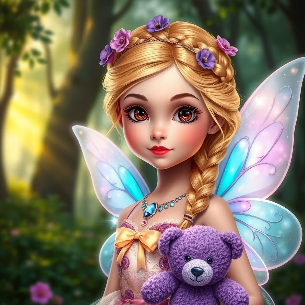 Fairy Girl with Teddy Bear in Mystical Forest