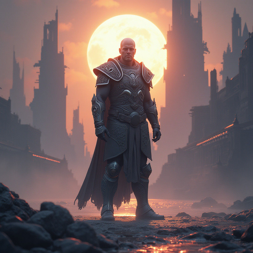 Stoic Warrior in Futuristic Cityscape