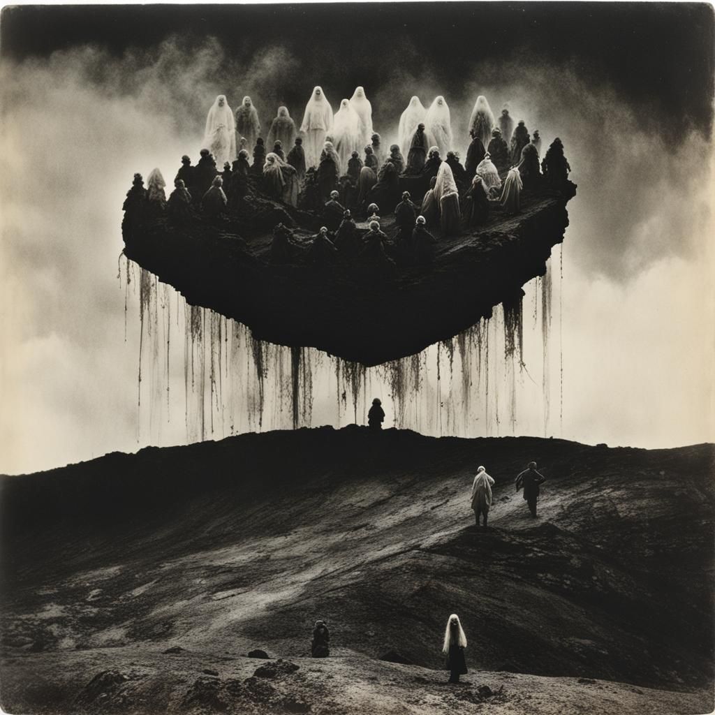 Surreal White Figures on Black Mountain