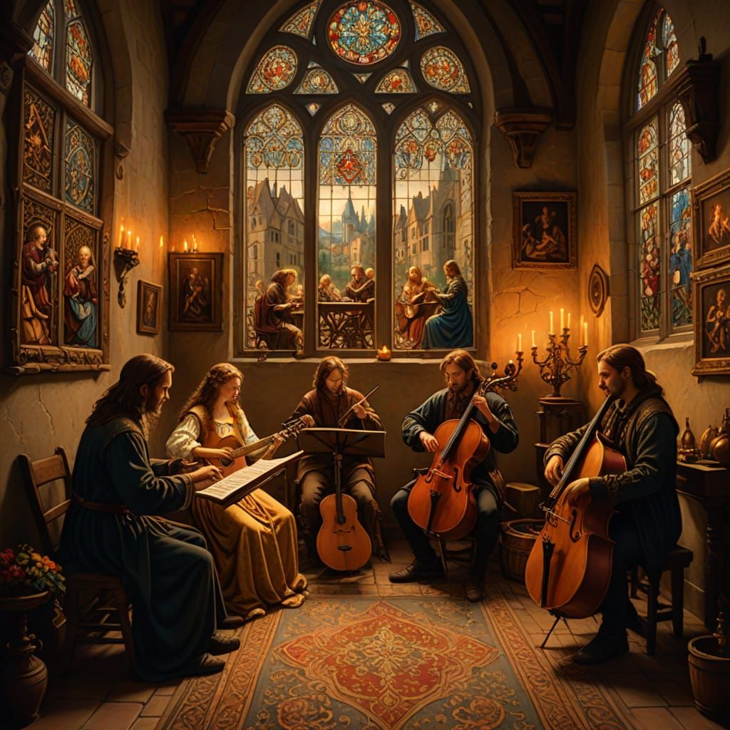Medieval Musicians in Candlelit Room, Oil Painting