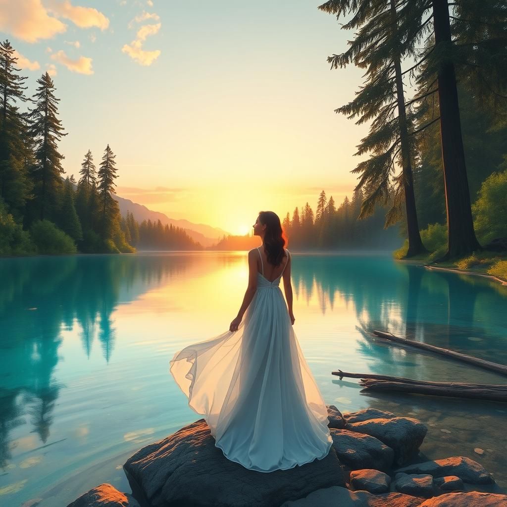 Serene Woman at Turquoise Lake Sunset