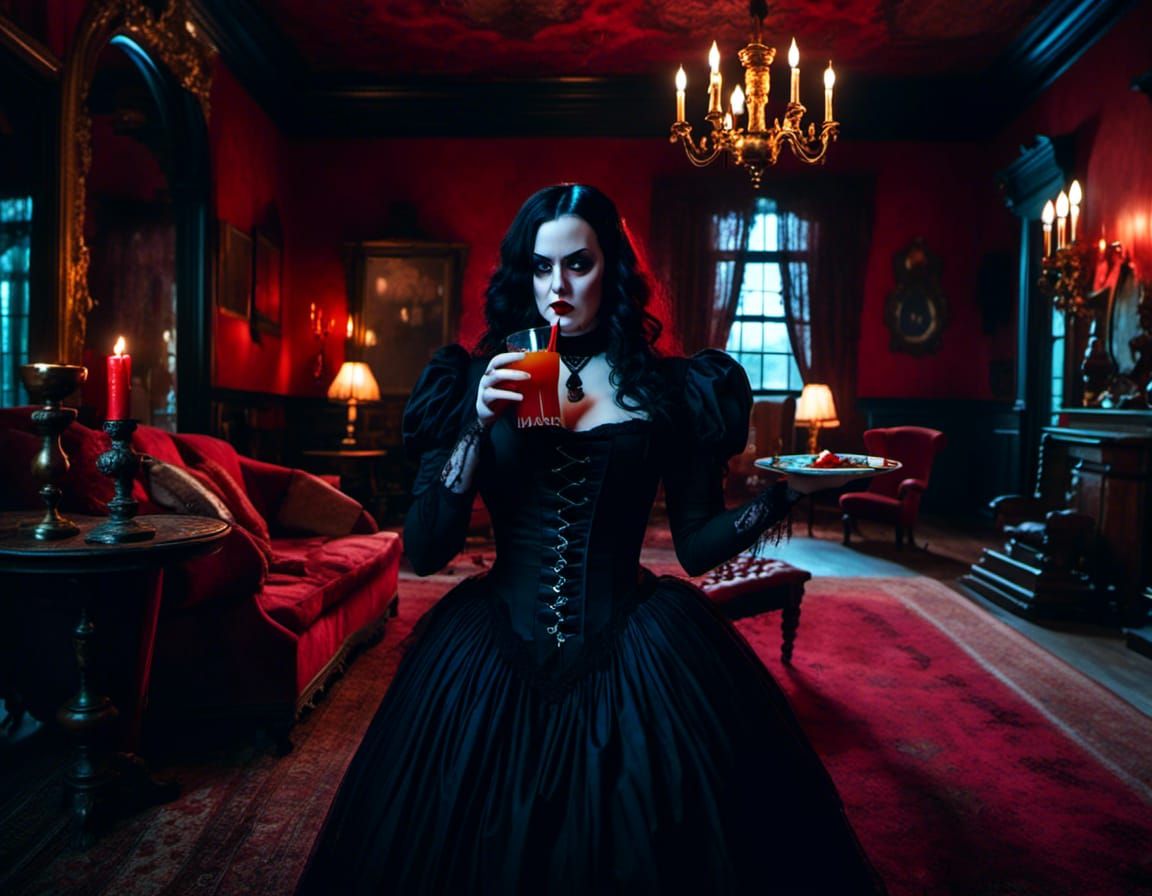 Wednesday Addams in Gothic Outfit Sipping Bloody Mary