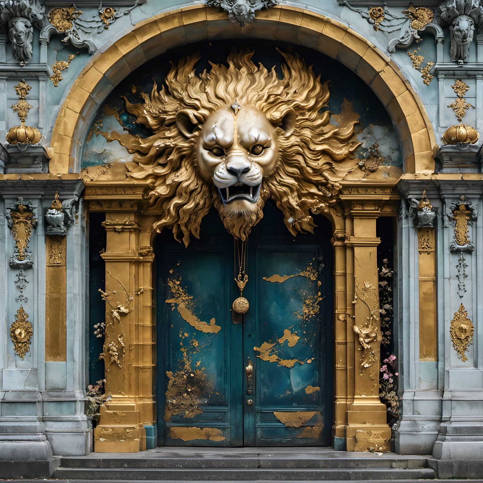 Kintsugi Lion Guarding a Door in Hyperkraximalism Style