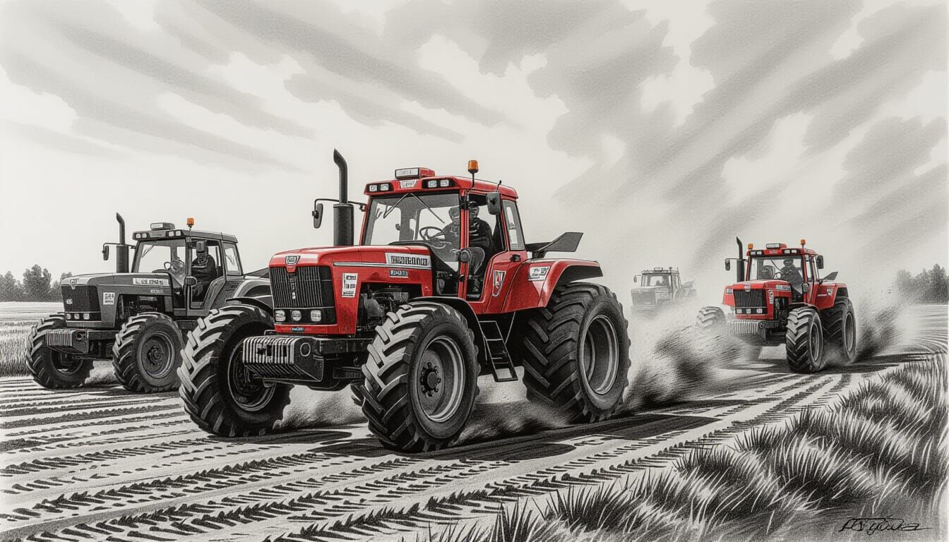 Powerful Racing Tractors Compete on Dirt Track Drawing