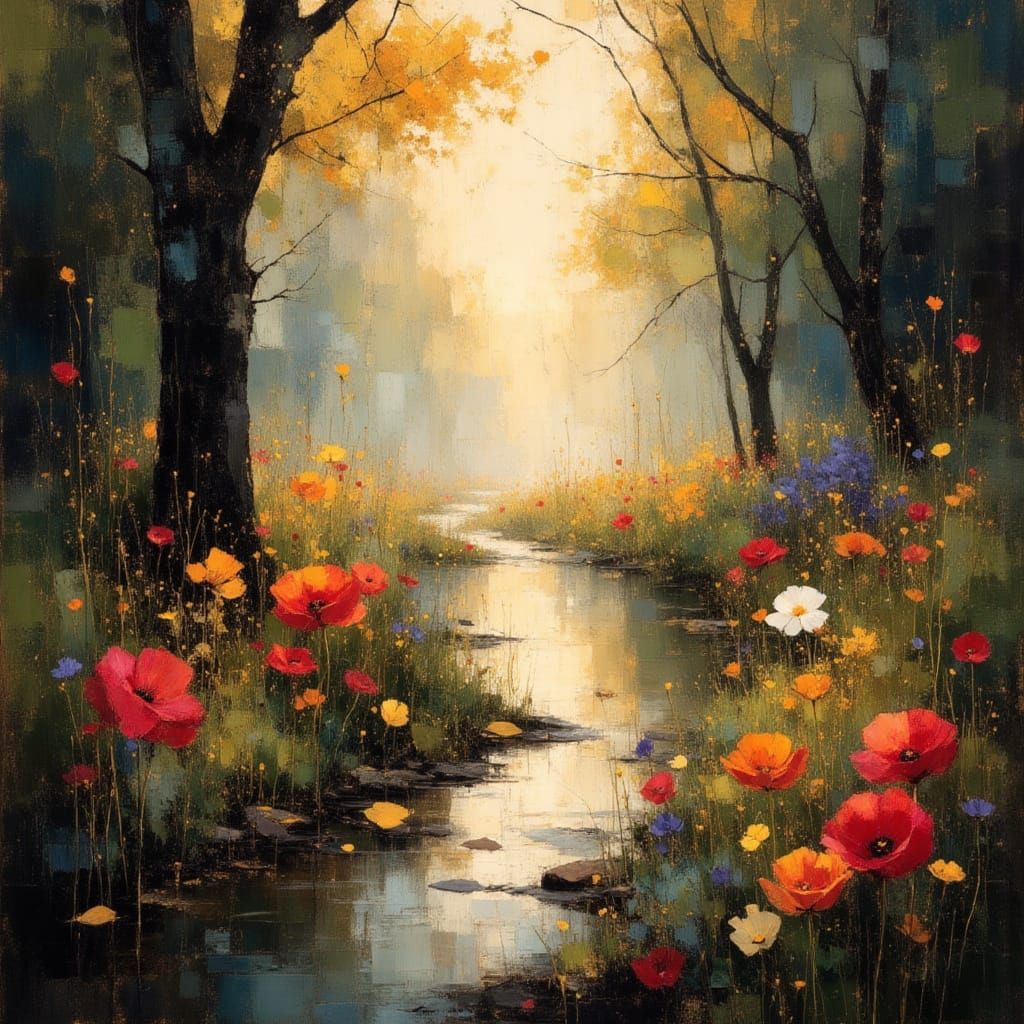 Serene Dawn Landscape with River and Roses in Painterly Styl...