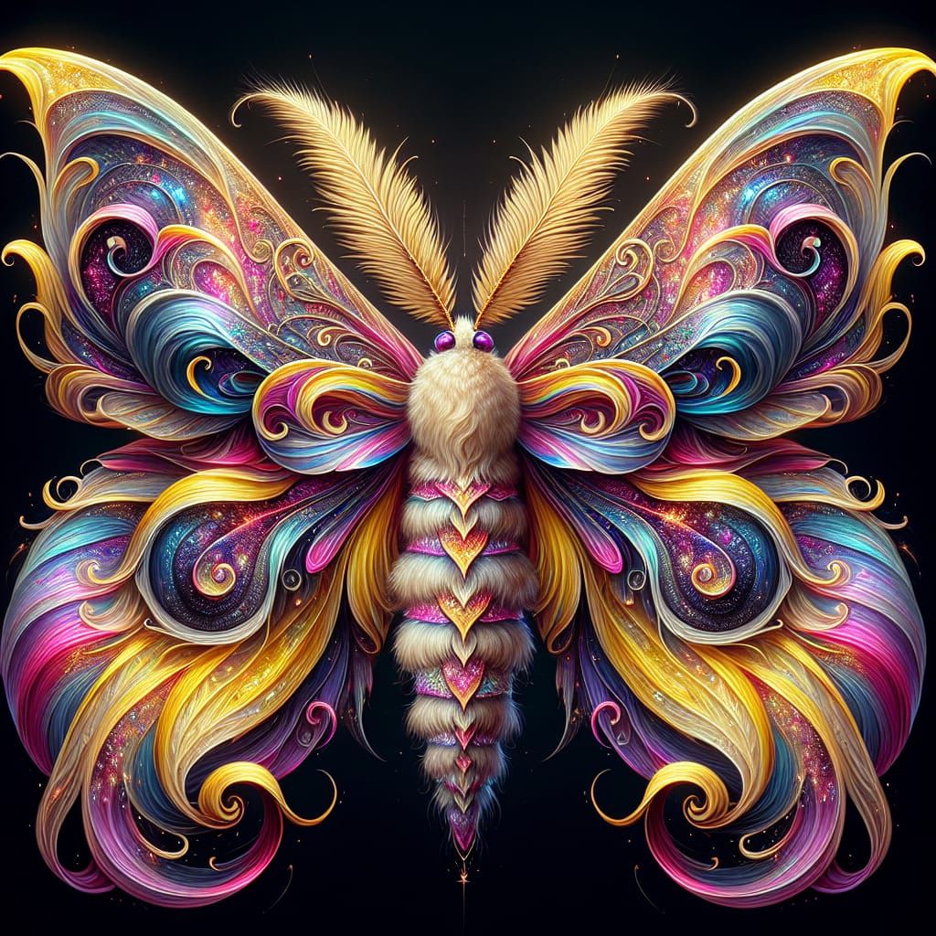 Mythical Moth with Swirling Wings and Palm Frond Antennae