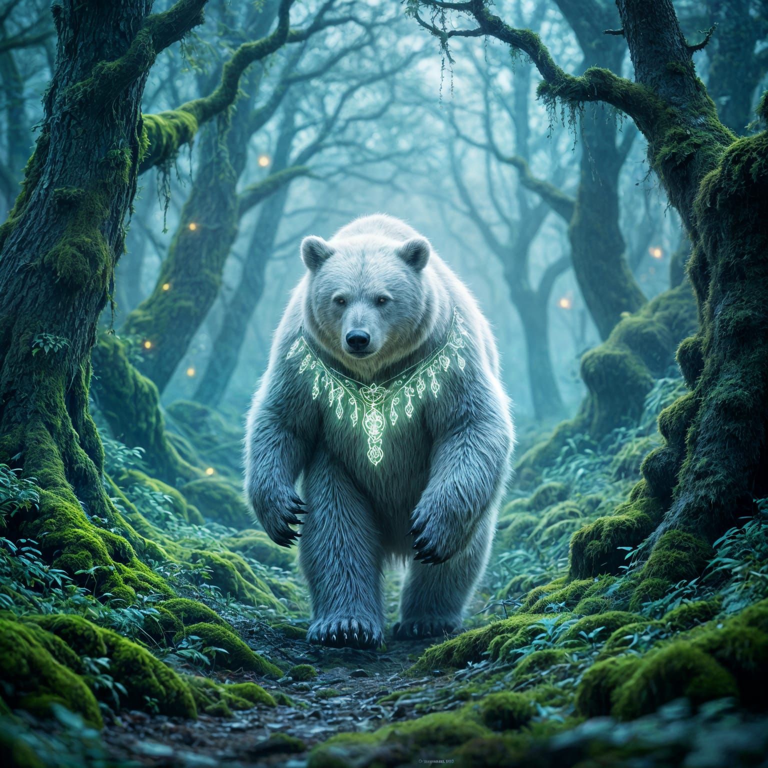 Ethereal Spirit Bear in Misty Forest: Fantasy Concept Art
