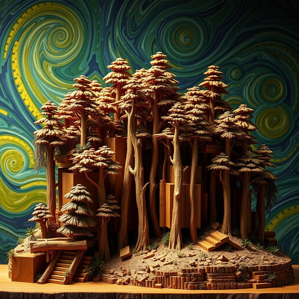 Wooden Forest Sculpture in Van Gogh Style