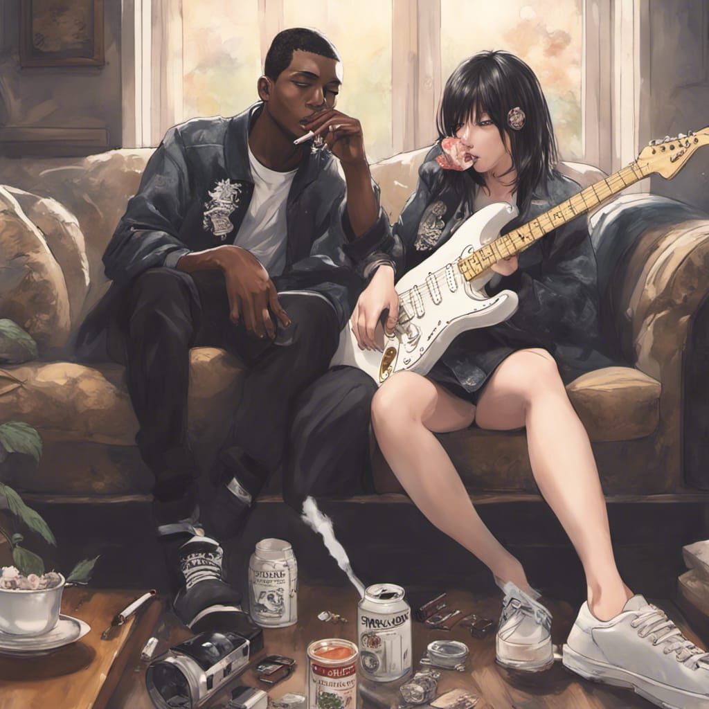 Anime Girl Smoking with Guitarist Boyfriend