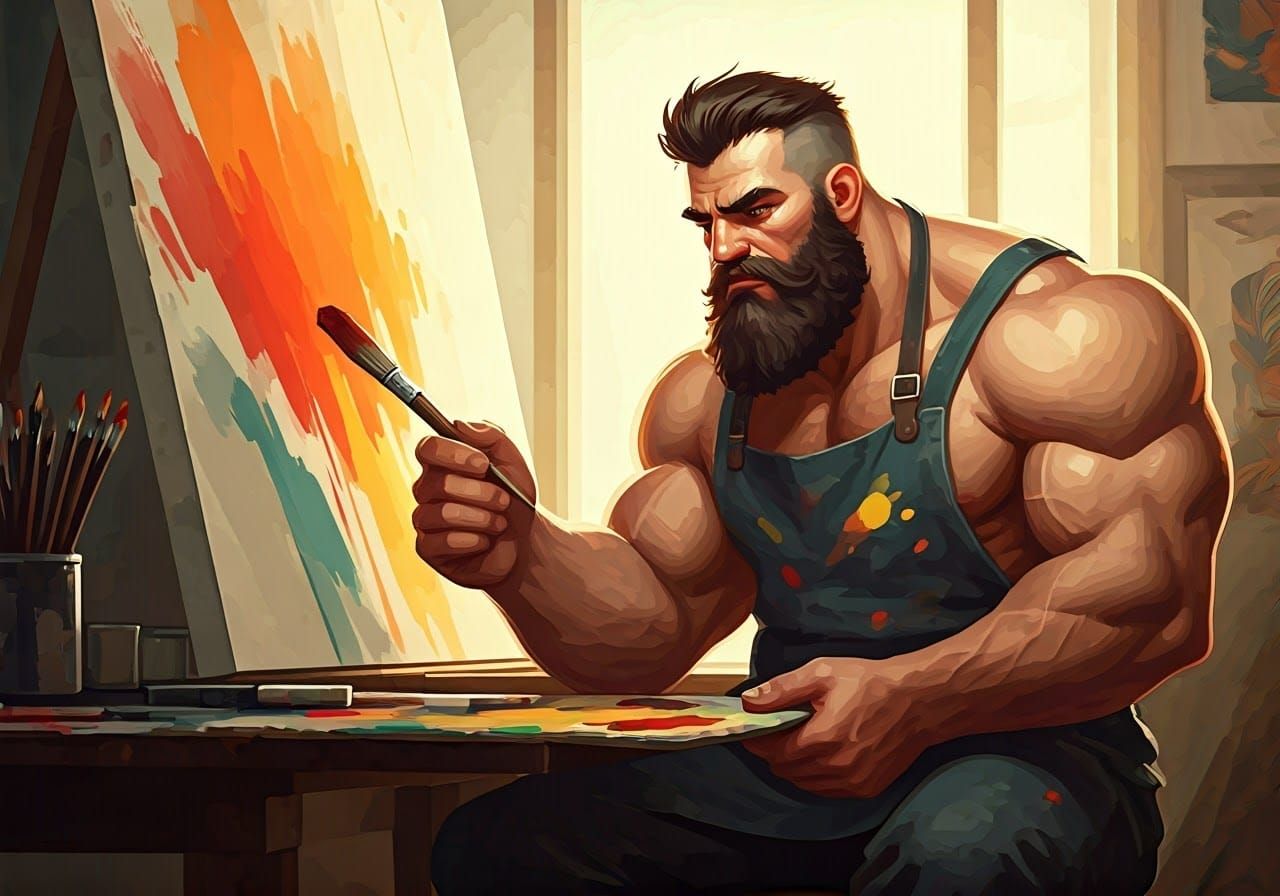 Strong Artist at Work in Impressive Gouache Masterpiece