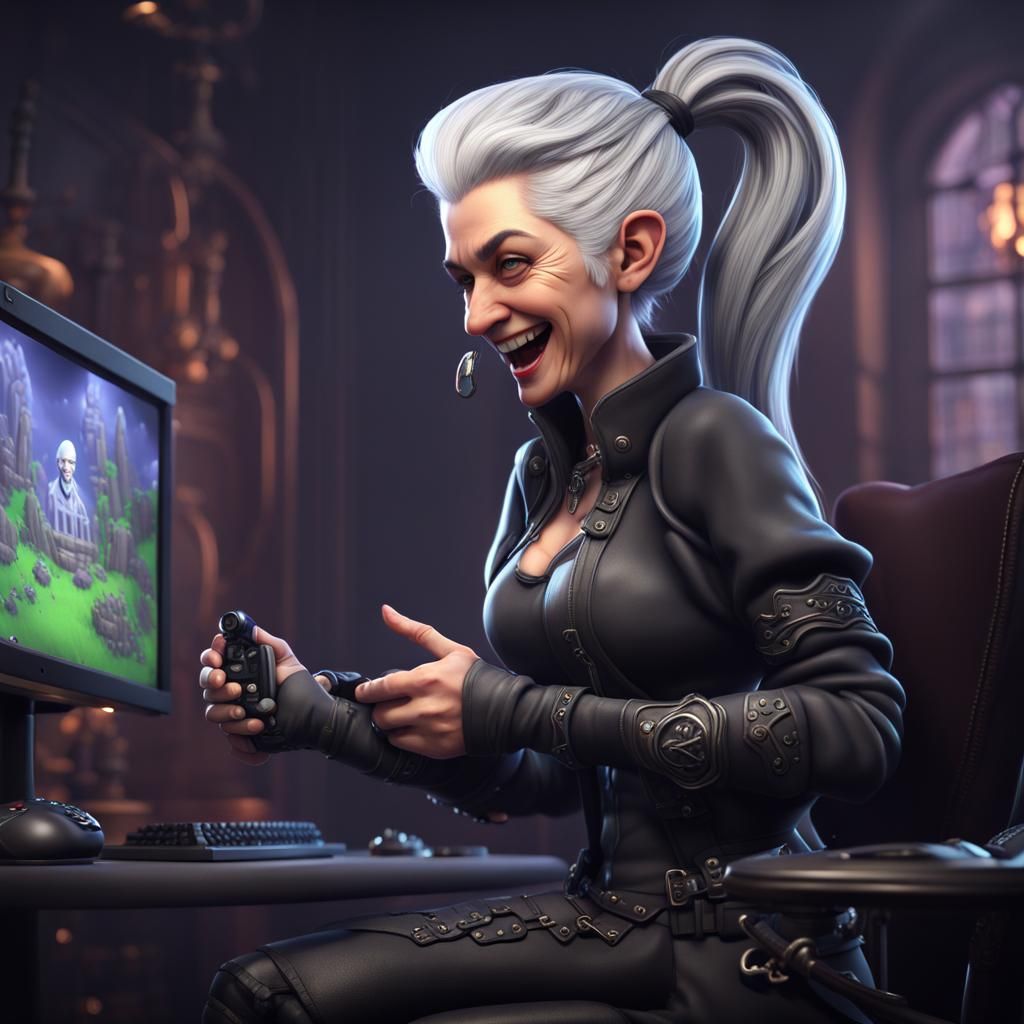 Cartoon Goth Granny Gamer in Detailed Matte Style