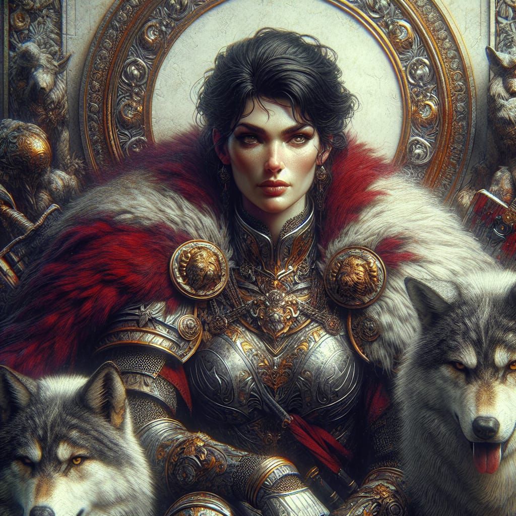 Warrior Woman on Throne in Maximalist Style