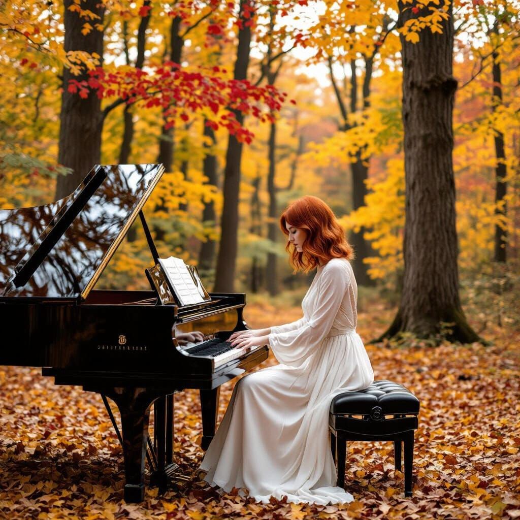 Red-Haired Woman Plays Piano in Autumn Forest