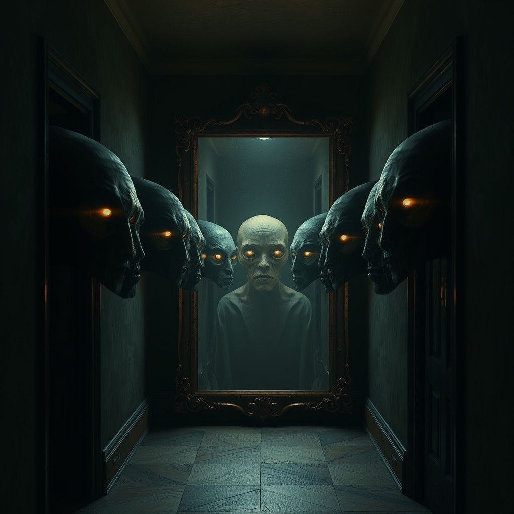 Eerie Hallway Mirror Reflects Distorted Faces