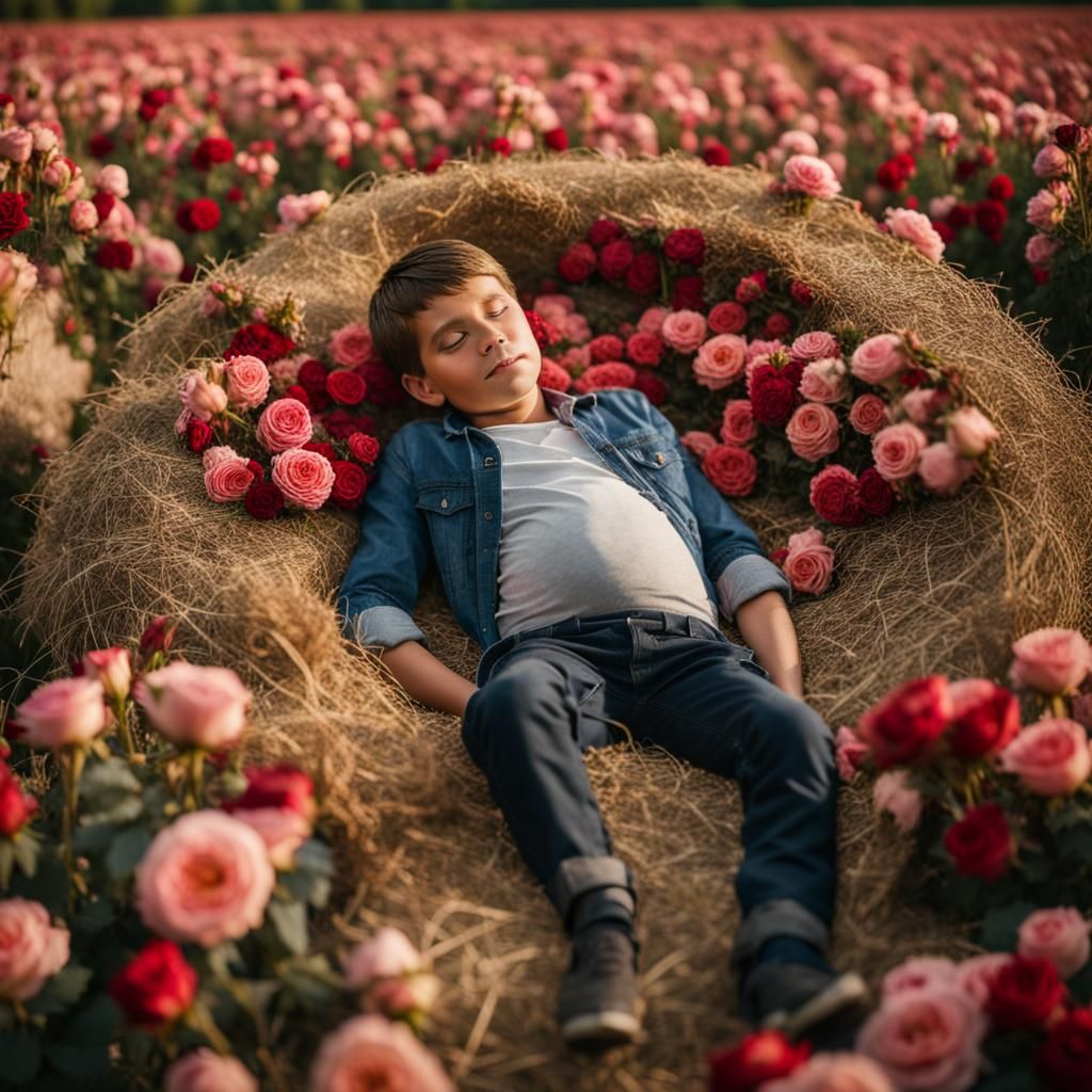 Boy Lying on Haystack in Rose Field