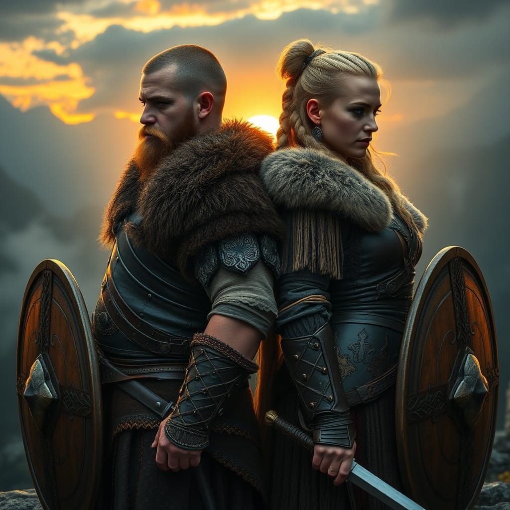 Viking Warriors in Fjord Sunset: Frazetta-Inspired Scene