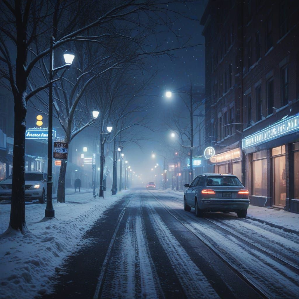 Snowy City Street at Night in Ethereal Glow