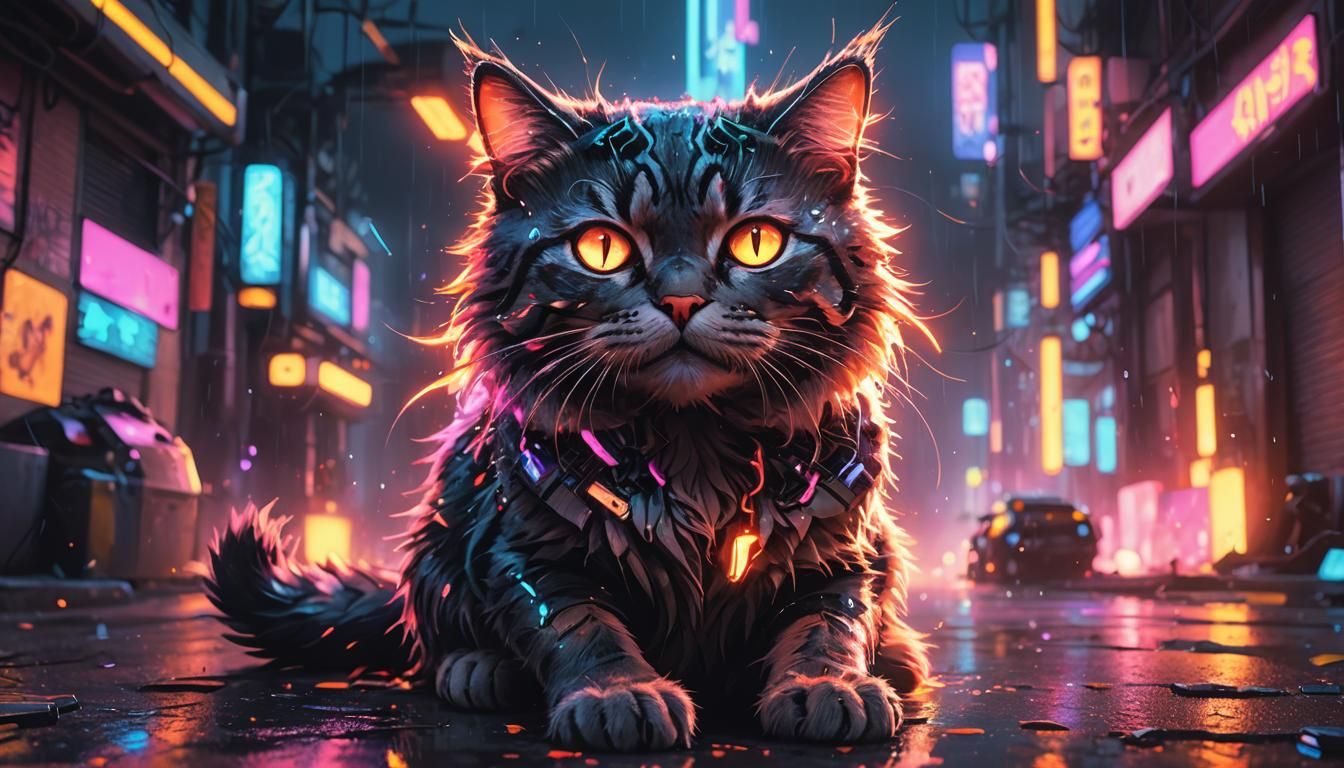Cyberpunk Cat Unleashes Fiery Gaze in Neon Cityscape