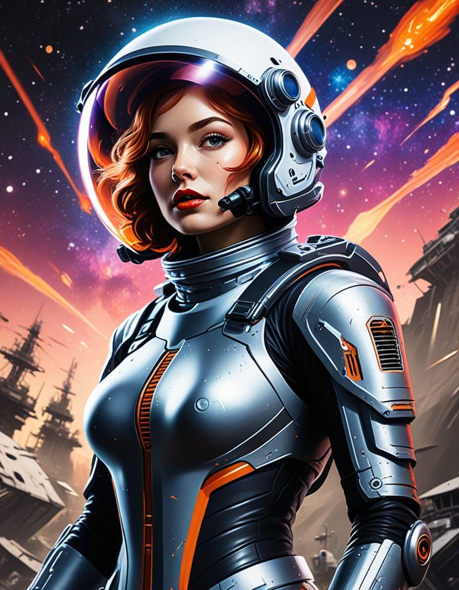 Sci-Fi Pin-Up: Woman in Space with Laser Gun
