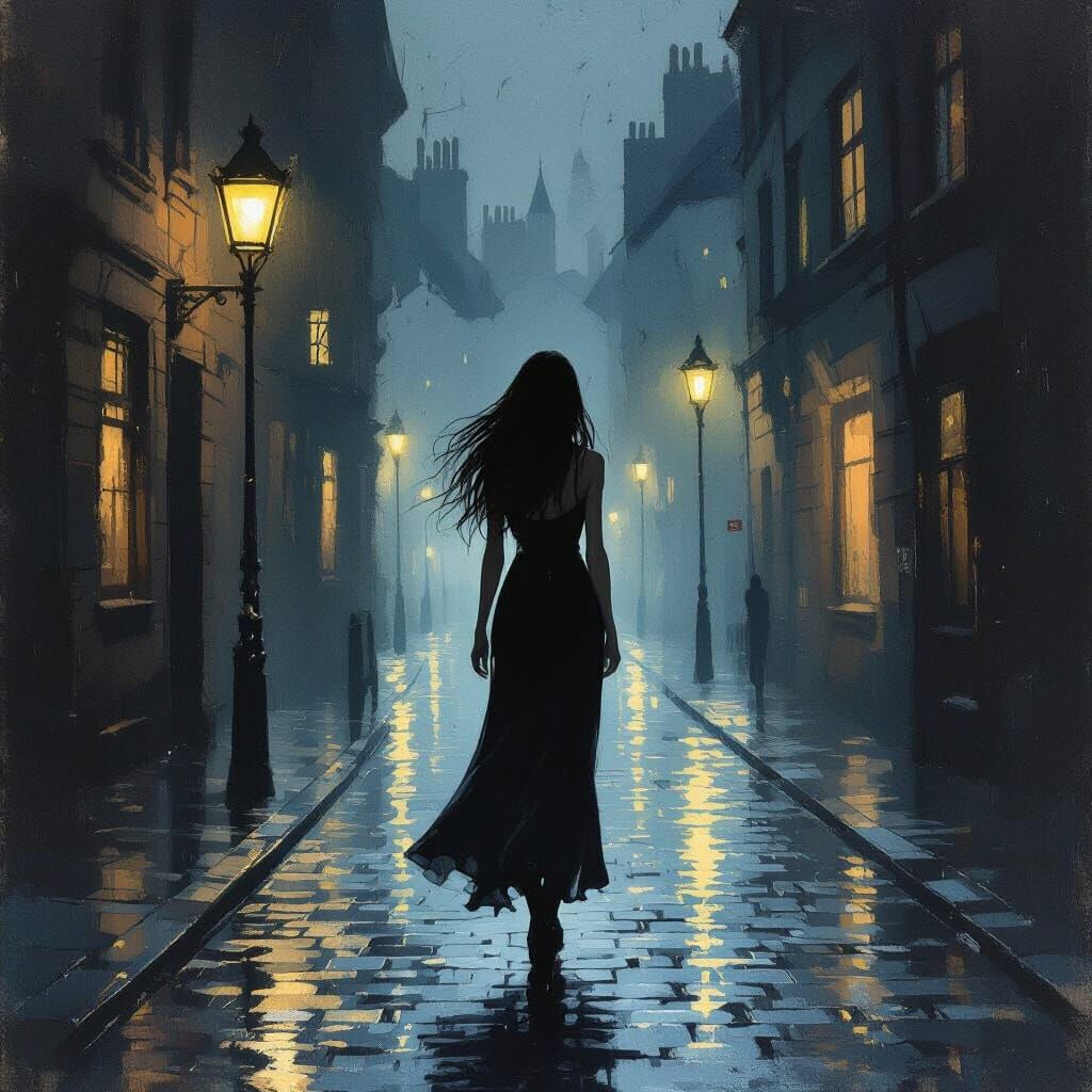 Tall Woman Walks Moody Cobblestone Street at Night