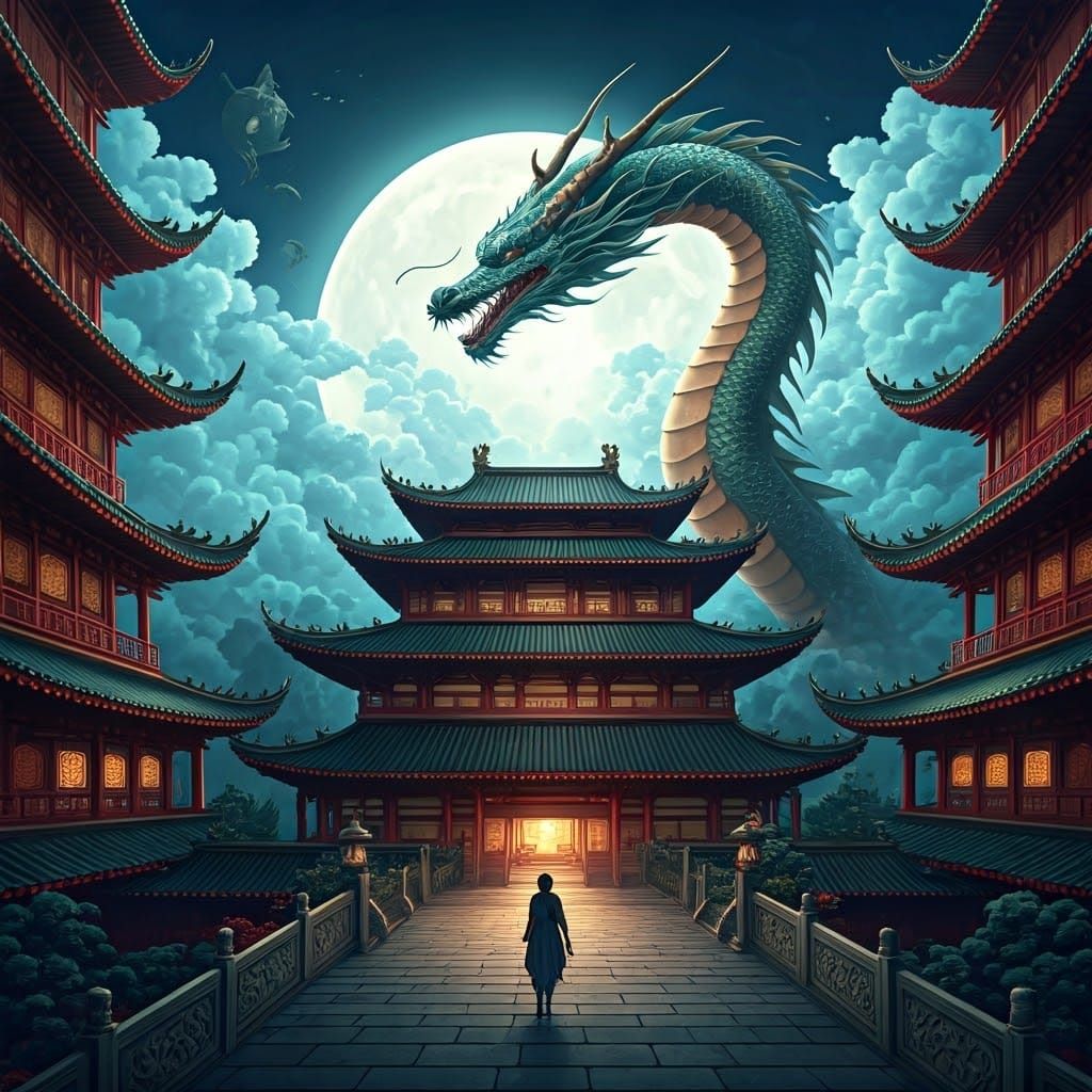 Dragon Encircles Temple in Ukiyo-e Style